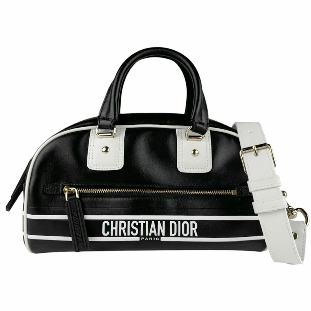 Christian Dior Vibe Bowling Bag Handbag Shoulder Leather Black White Gold